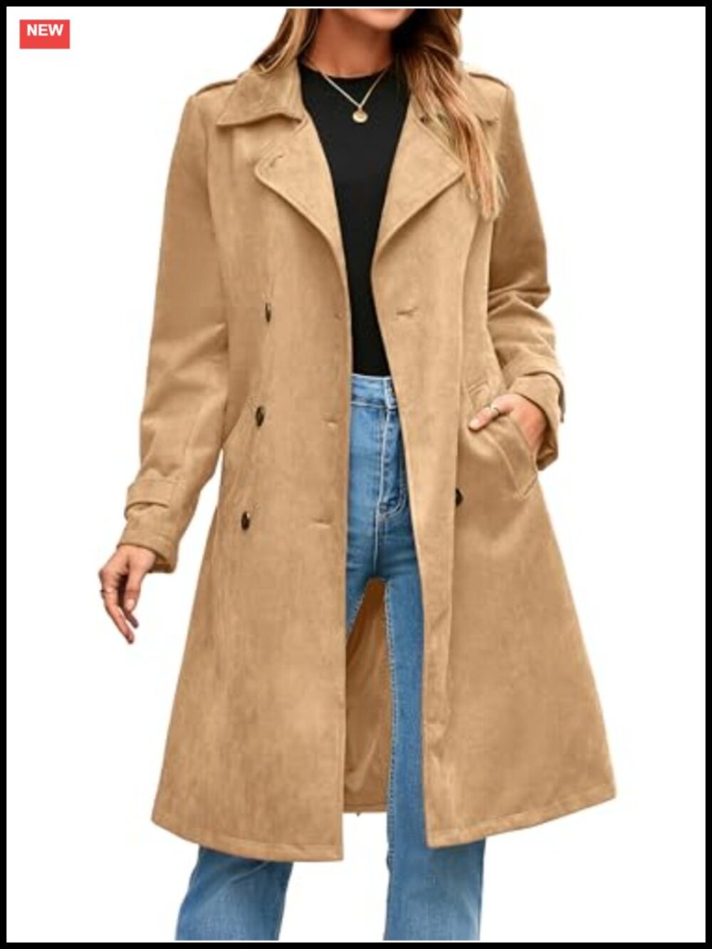 Faux Suede Trench Coat Double Breasted Belted Long Overcoat